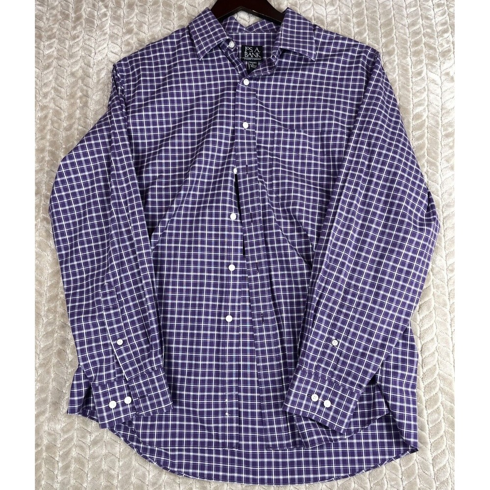 Jos A Bank Button Up Shirt Mens Large Purple White Plaid Traveler Tailored Fit